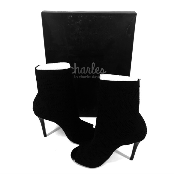 Charles David Black Eyelet Stretch Open Toe Mid Calf Bootie Size 5M - Picture 3 of 8